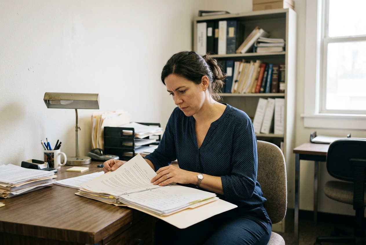 An immigration attorney reviewing a client file at a plain desk