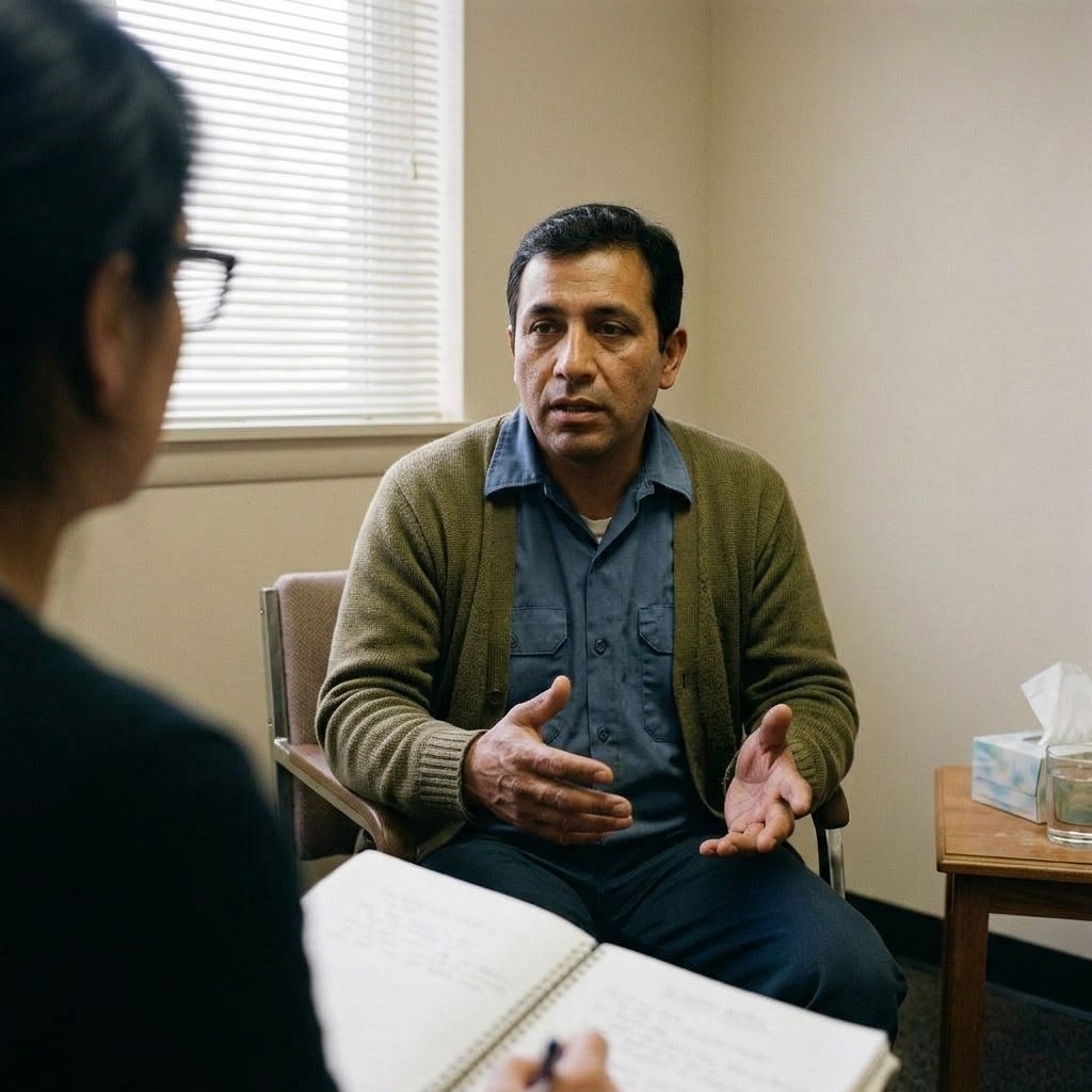 A man speaking during an evaluation in a plain counseling room