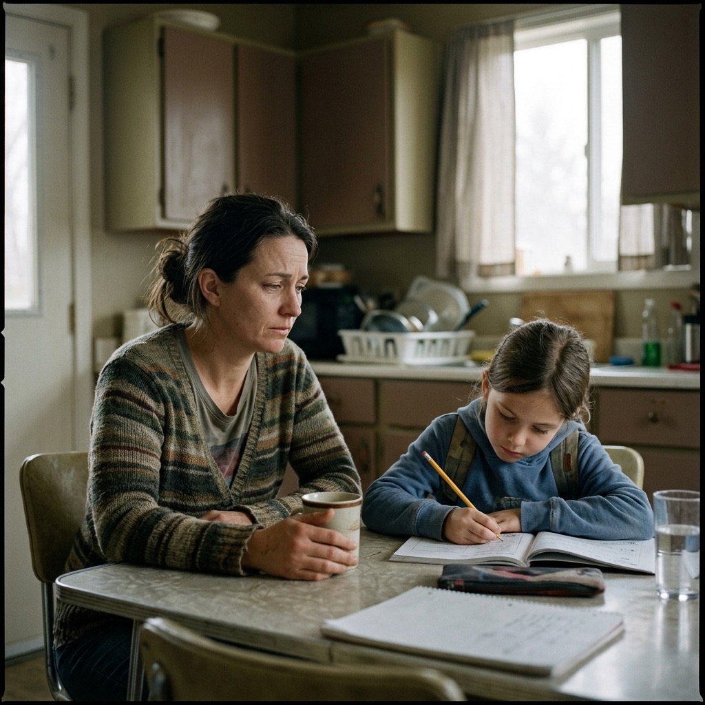 Un padre o una madre y su hijo en edad escolar en la mesa de una cocina sencilla